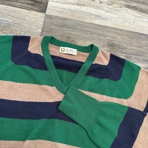 Vintage 70s 80s‎ Aureus Striped Blue Green Tan Men XL Raglan V-Neck Knit Sweater